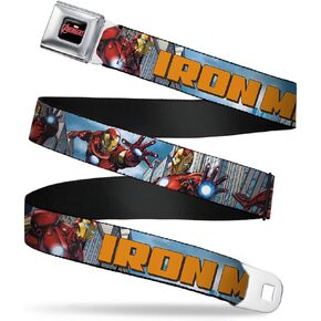 Buckle-Down Seatbelt Belt - IRON MAN w/Avengers Logo Cityscape - 1.0" Wide - 20-36 Inches in Length