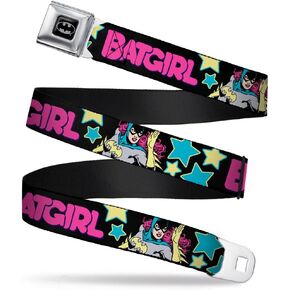 Buckle-Down Men's Seatbelt Belt Kids, Batgirl Running Stars Black/Pink/Yellow/Blue, 1.0" Wide-20-36 Inches