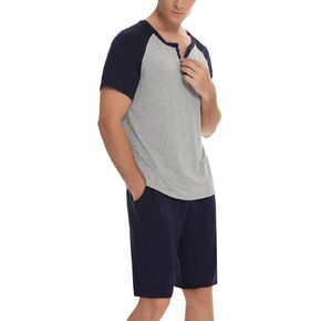 Enjoyoself Men's Summer Cotton Pyjama Sets Short Sleeve Comfy Loungewear Sleepwear with Pockets