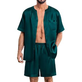 SWOMOG Mens Satin Pajamas Set Silk Button Down Sleepwear with Pockets Short Sleeve Loungewear 2 Piece Pjs Set Nightwear
