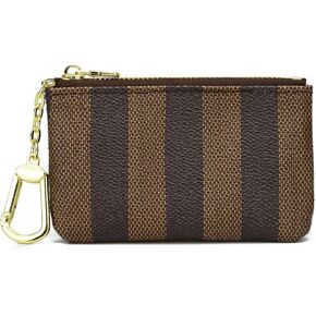 Leather Coin Purse Stripe Wallet for Women Men Portable Small Keychain Wallet Pouch Change Card Holder with Zipper(B-Stripe Brown)