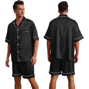 Men's Silk Satin Pajama Sets,Button-Down Loungewear,V-Neck Mens Pj Sets with Pocket Two-Piece