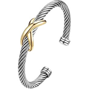 Cuff Bangle Bracelet, Stainless Steel Twisted Cable Wire Bangle Bracelet, Two Tone Vintage Bracelets for Women, Jewelry Gifts