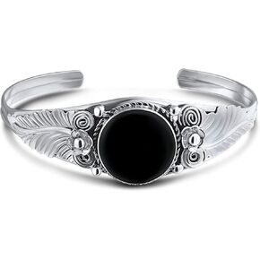 Nature Leaf American Indian South Western Navajo Style Flowers Round or Oval Cabochon Statement Onyx Stabilized Turquoise Wide Cuff Bracelet For Women .925 Sterling Silver