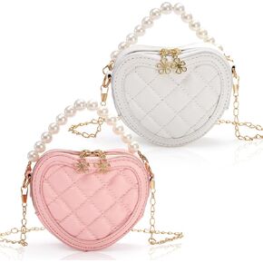 2 Pack Little Girl Purses, Heart Shaped Children Crossbody Bag with Pearl Handle, Cute Toddler Purse with Chain Strap, Mini Princess Handbag Wallet Gift for Kids