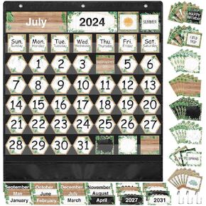 Fulmoon 119 Pcs Greenery Classroom Calendar Pocket Chart Set Calendar Bulletin Board Set with Pocket Seasons Festival Weather Calendar Pocket Chart for Classroom Decoration Back to Pocket Charts