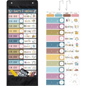 Boho Daily Schedule Pocket Chart for Classroom, 13+1 Pockets with 42 Designed Schedule Cards, Black Classroom Kids Daily Schedule Pocket Chart for Home Office Back to School Classroom Decorations