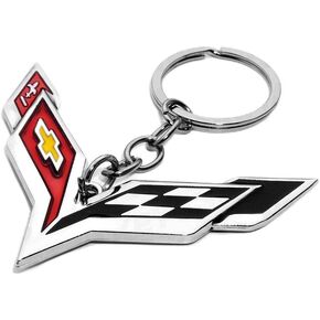 3D Corvette Cross Flags Logo Car Home Alloy Key Chain Fob Ring Gift Decoration Accessories Chrome Finish Emblem (Silver)