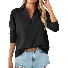 Tankaneo Womens Long Sleeve Tunic Tops 2024 Fall V Neck Collared Sweatshirts Casual Loose Fit Cotton Golf Polo Shirts