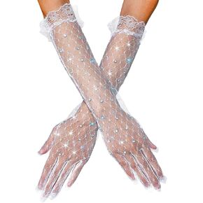 Sheer Long Rhinestone Gloves Lace Sparkle White Gloves Finger Tea Party Gloves Opera Prom Accessories for Women and Girls