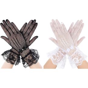 2 Pairs Lace Gloves for women, Tea Party Gloves, Wedding Lace Gloves Opera Gloves Evening Gloves, Summer Gloves, for Weddings, Party, Christmas Day, Halloween, Cosplay, and 1920s Costume Accessories