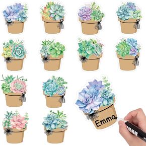 Whaline 120Pcs Succulent Name Tags 12 Designs Potted Succulent Nameplate Sticekrs Classroom Bulletin Board Decoration Label Stickers for Office School Desk Wall Message Board, 20 Sheet