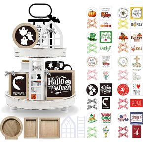 Farmhouse Tiered Tray Decor Set,Interchangeable Year Round Seasonal Decorations Christmas Decorations for Home Thanksgiving Decor Halloween Decor Rustic Wooden Frames + Mini Arch + Ladder-NO Tray
