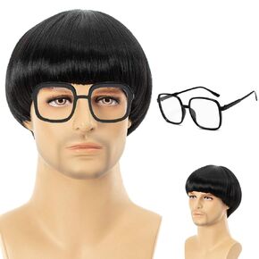 Men’s Short Black Full Bang Straight Wig with Glasses Bowl Cut Hairstyle Wig for Cosplay Costume Anime Party Halloween