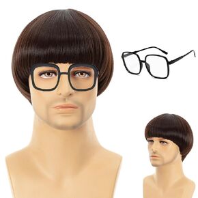 Short Straight Mushroom Wig with Bangs and Glasses Dark Brown Bowl Cut Wig for Men Anime Movie Cosplay Halloween Costume Party