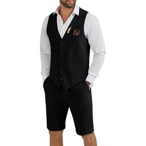 Men's Linen 2 Piece Suit Slim Fit Wedding Groom Groomsmen Summer Vest Shorts Set