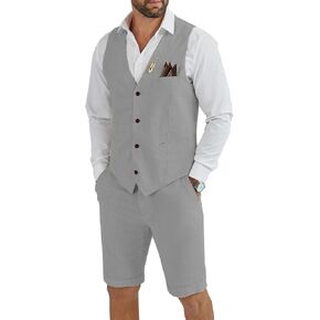Men's Linen 2 Piece Suit Slim Fit Wedding Groom Groomsmen Summer Vest Shorts Set in Kuwait