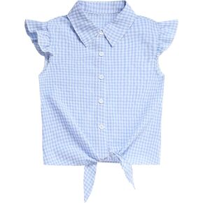 Girls Sleeveless Button Down Shirt Plaid Crop Tank Tops Summer Tie Knot Ruffle Sleeve Shirts Blouses
