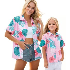 Cromoncent Mommy and Me Matching Hawaiian Outfits Girls & Womens Hawaiian Shirts Tropical Button Down Shirts