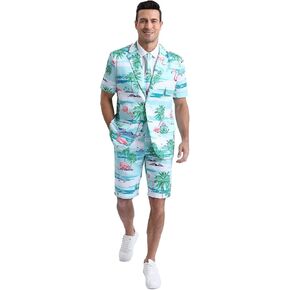Men's 3-Piece Hawaiian Suits for Tropical Beach Party, Short Sleeve Blazer & Shorts & Tie