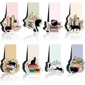 Cat Book Magnetic Bookmark: 8 Pcs Black Cat Flower Book Magnetic Bookmarks Cute Bookmark Gifts for Book Reading Lover for Kids Students Teachers Office Stationery