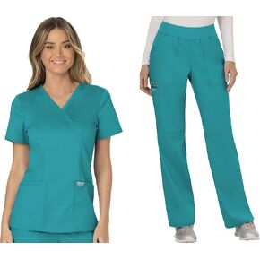 Cherokee Scrub Set for Women, Modern Classic Fit Mock Wrap Top WW610 with Mid Rise, Straight Leg Pant WW110, Teal Blue- M Top/M Petite Pant