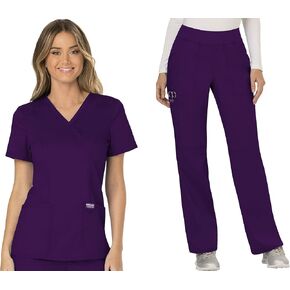 Cherokee Scrub Set for Women, Modern Classic Fit Mock Wrap Top WW610 with Mid Rise, Straight Leg Pant WW110, Eggplant- L Top/L Petite Pant