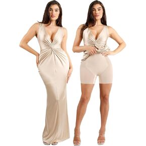 Popilush Shapewear Dress Ruched Bodycon - Deep V Neck Maxi Formal Dresses Built in Shapewear Sleeveless Long Dress