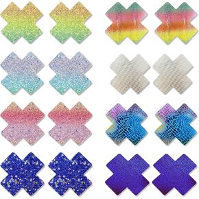 8 Pairs Cross Shape Glitter Pasties Nipple Covers Stickers Disposable Rave Nipple Pasties Women's Self-adhesive Sexy Breast Petals