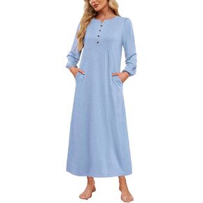 Womens Cotton Long Sleeve Nightgowns Soft Ladies Sleep Shirts Button V Neck Full Length Night Shirts Sleepwear with Pockets