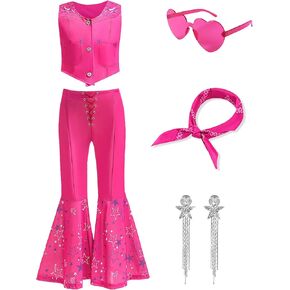 Girls Pink Costume 6Pcs Cowgirl Movie Cosplay Kids Disco Outfits Set Halloween Birthday Party Dress up