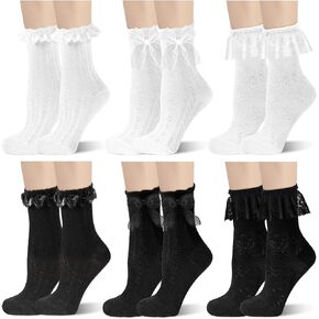 6 Pairs Women's Crew Socks Casual Cute Ankle Socks Breathable Cotton Ruffle Frilly Socks Princess Ankle Dress Socks for Women
