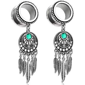 Pierced Owl - Stainless Steel Green CZ Crystal Dream Catcher Dangle Screw Fit Tunnel Plug Gauges, Sold As Pair