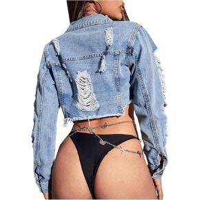 GORGLITTER Women's Ripped Raw Hem Cropped Denim Jacket Long Sleeve Distressed Frayed Jean Jackets