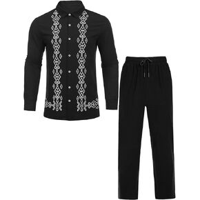 Daupanzees Men's 2 Piece Cotton Outfit Cuban Button Down Long Sleeve Shirts and Loose Pants Sets Guayabera Shirts Suit