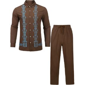 Daupanzees Men's 2 Piece Cotton Outfit Cuban Button Down Long Sleeve Shirts and Loose Pants Sets Guayabera Shirts Suit
