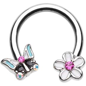 Amelia Fashion 14 Gauge Spring Butterfly Flower Circular Barbell/Horseshoe Nose Ring 316L Surgical Stainelss Steel