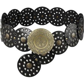 Wide Disc Belt for Women PU Leather Hollow Out Round Belts Vintage Western Waist Belt Versatile Metal Wide Belt