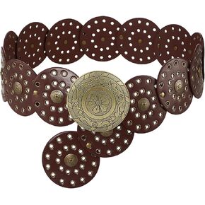 Wide Disc Belt for Women PU Leather Hollow Out Round Belts Vintage Western Waist Belt Versatile Metal Wide Belt