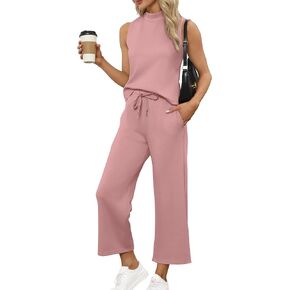 SAMPEEL Matching Sets Women Clothing 2 Piece Sets Summer Casual Mock Neck Lounge Sets Sleeveless Wide Leg Pants Vacation Outfits Sweat Set