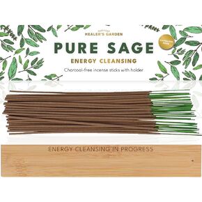 Premium Pure Sage Incense Sticks with Energy Cleansing in Progress Engraved Wooden Holder - Charcoal-Free for Clean Burn, Spiritual Smudging and Purification, 30 Sticks