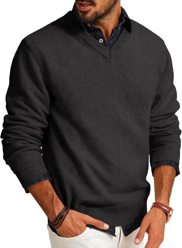 PJ PAUL JONES Mens Knit Pullover Lightweight Long Sleeve Regular Fit Sweater Pullover Casual V Neck Wool Blend Sweater Dark Grey XL in Saudi Arabia