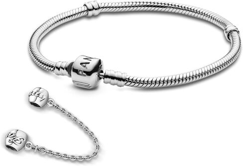Pandora Jewelry Bundle with Gift Box - Sterling Silver Family Forever Safety Chain Charm & Moments Sterling Silver Snake Chain Charm Bracelet with Barrel Clasp, 7.9" - Gift for Women in Saudi Arabia