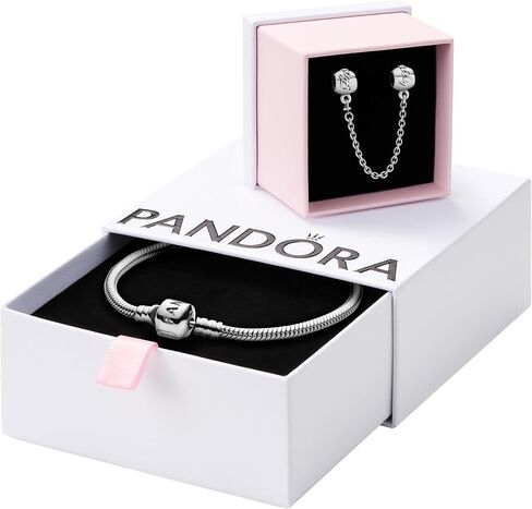 Pandora Jewelry Bundle with Gift Box - Sterling Silver Family Forever Safety Chain Charm & Moments Sterling Silver Snake Chain Charm Bracelet with Barrel Clasp, 7.9" - Gift for Women in Saudi Arabia