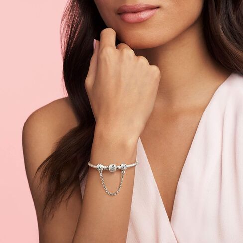 Pandora Jewelry Bundle with Gift Box - Sterling Silver Family Forever Safety Chain Charm & Moments Sterling Silver Snake Chain Charm Bracelet with Barrel Clasp, 7.9" - Gift for Women in Saudi Arabia