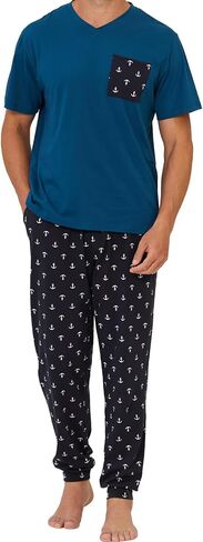 Keyocean Mens Pajama Set, Soft Cotton V-Neck Short-Sleeve T-Shirt & Pants Summer PJ Set for Sleeping in Saudi Arabia