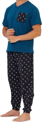 Keyocean Mens Pajama Set, Soft Cotton V-Neck Short-Sleeve T-Shirt & Pants Summer PJ Set for Sleeping in Saudi Arabia