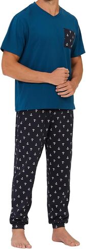 Keyocean Mens Pajama Set, Soft Cotton V-Neck Short-Sleeve T-Shirt & Pants Summer PJ Set for Sleeping in Saudi Arabia