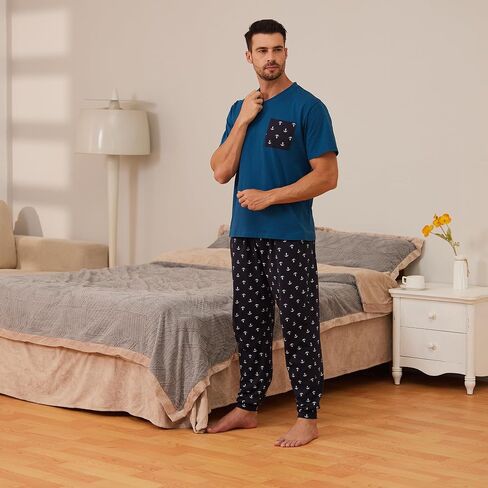 Keyocean Mens Pajama Set, Soft Cotton V-Neck Short-Sleeve T-Shirt & Pants Summer PJ Set for Sleeping in Saudi Arabia