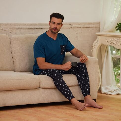 Keyocean Mens Pajama Set, Soft Cotton V-Neck Short-Sleeve T-Shirt & Pants Summer PJ Set for Sleeping in Saudi Arabia
